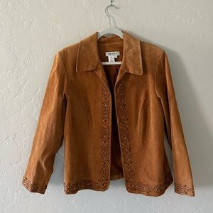 Coldwater Creek Cognac H09248 Beaded Suede Jacket Brown Leather Petite 1X
